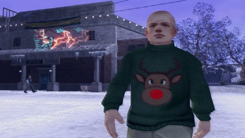 A screenshot of Jimmy from Canis Canem Edit wearing a reindeer jumper at christmas time