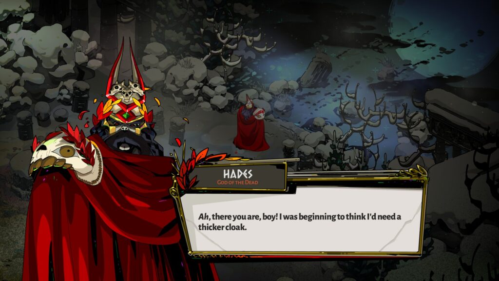 A screenshot of Hades welcoming Zagreus in the snow.