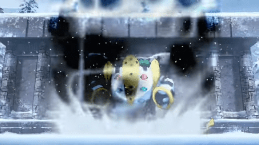 A screenshot of Regigigas breaking out of Snowpoint temple from Pokémon Generations