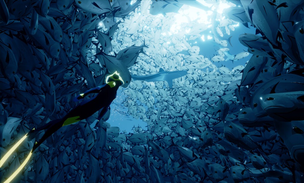Art work of the game ABZU showing the diver exploring waters populated by schools of fish