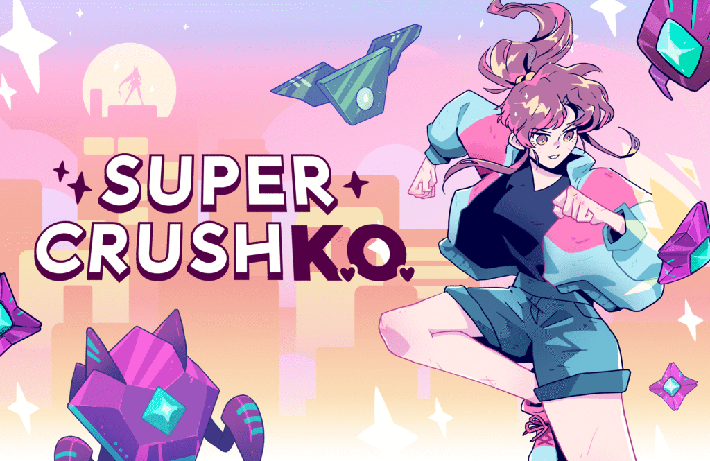 Super Crush KO art featuring the main character, enemies and the bright bubblegum colours the game is knwon for
