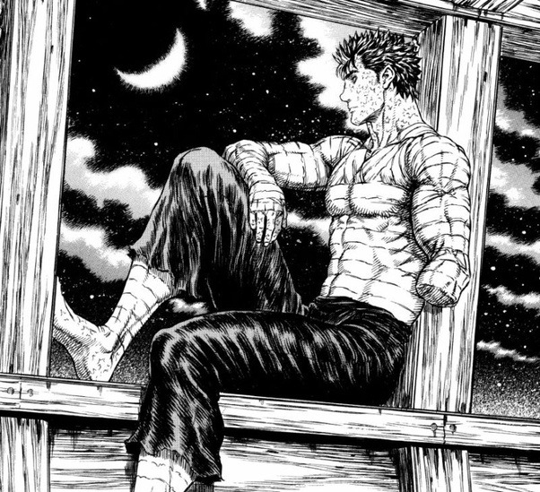 A pensive panel from Berserk showing Guts in a moment of peace 