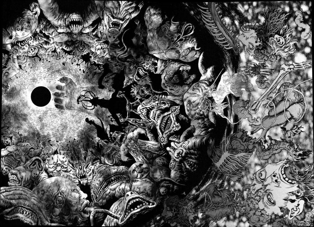 Spread showcasing the "Eclipse", a pivotal moment in the manga Berserk