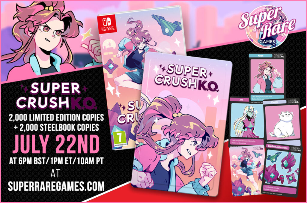 The Super Rare Games physical copy of Super Crush KO on Nintendo Switch, featuring trading cards of vibrant characters like Karen