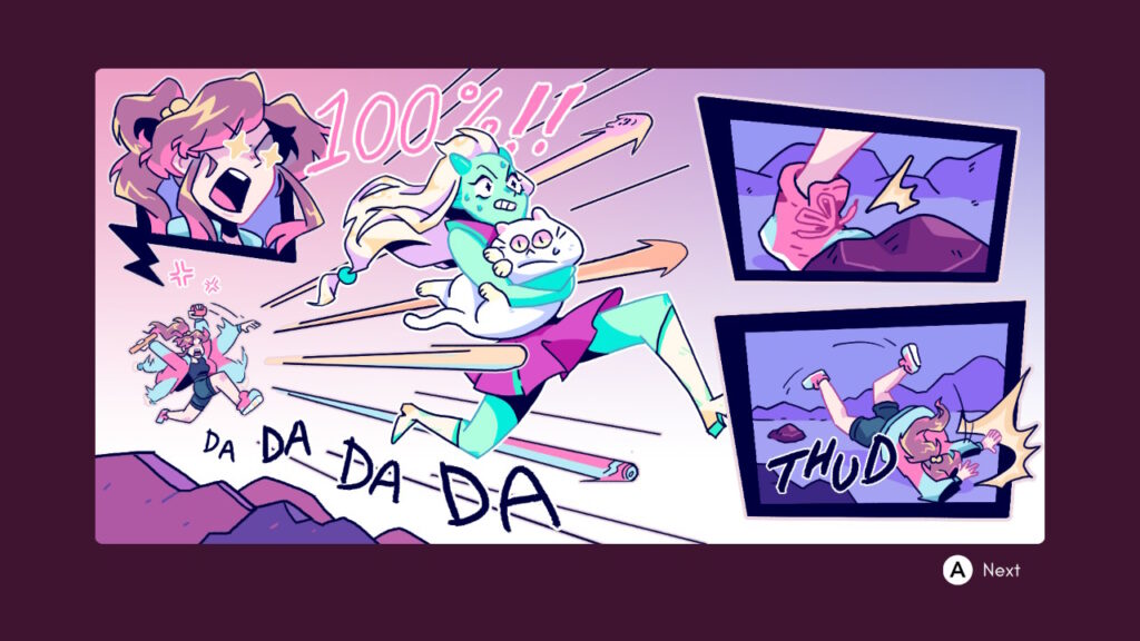 A comicbook-style page from Super Crush KO's story, showing Karen tripping on a rock as she tries to take her cat back from an alien lady