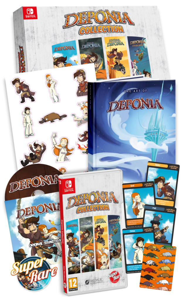 A picture of the contents of the collector's edition of the deponia collection, featuring the hardcover case,trading cards and stickers featuring the characters, and the soundtrack