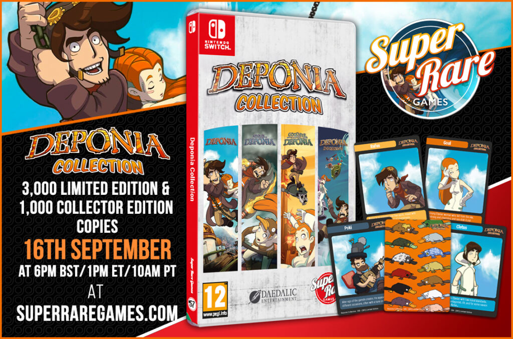A picture showing off the physical copy of The Deponia Collection for the Nintendo Switch, as well as the trading cards that come with it, that feature characters from the series 