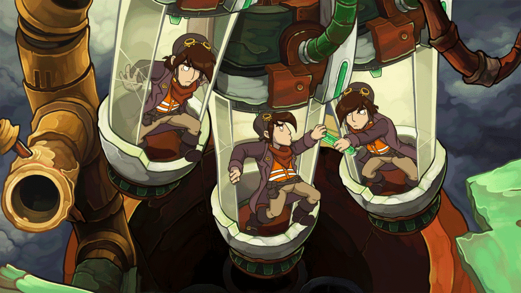 A still from the Deponia Collection featuring three Rufus's in glass vats  perplexed at their current predicament 