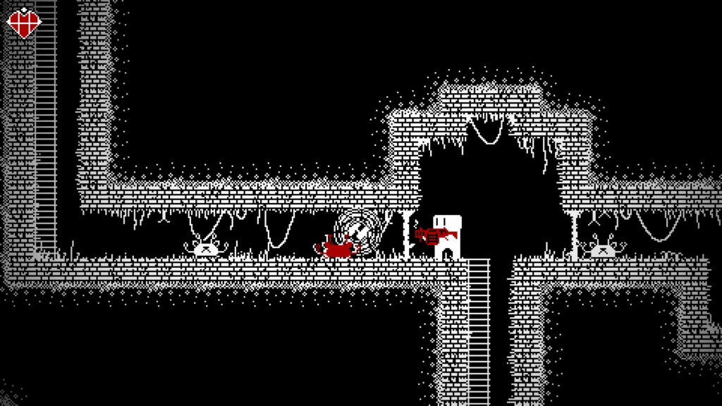 A still from the game Dogworld, showcasing its 1-bit black, white, and red graphics and adorably mutated dog enemies.