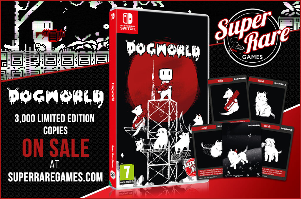 Advert showing the physical copy of Dogworld for the Nintendo Switch along with the possible trading cards that come with it