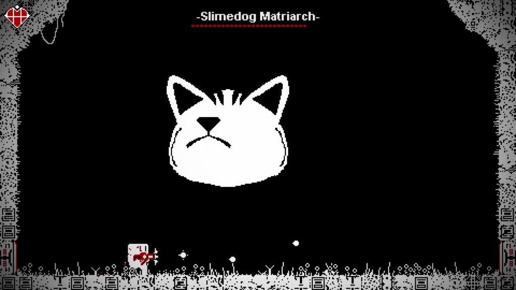 A still from Dogworld featuring a fearsome, yet adorable, boss monster called the Slimedog Matriarch, which is just a big, round, gooey white cartoon dog face.