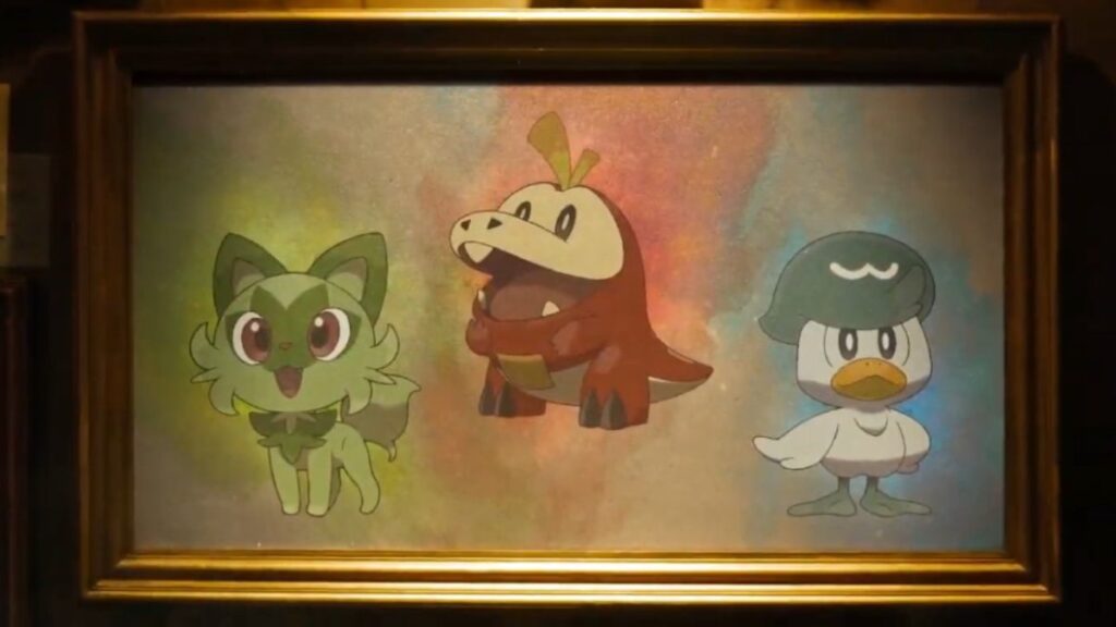 Image of the starters for Pokemon Scarlet and Violet: a leafy green cat, a bouyant red crocodile critter, and a well-groomed blue and white duck