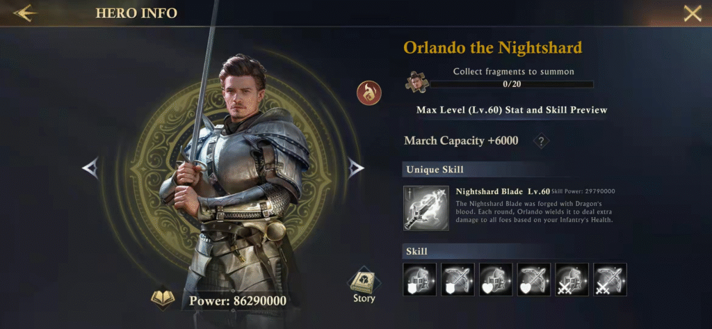 Orlando the Nightshard stands with sword poised upwards. His likeness is based on Orlando Bloom. He wears plate armour and there is a description of his moves in game