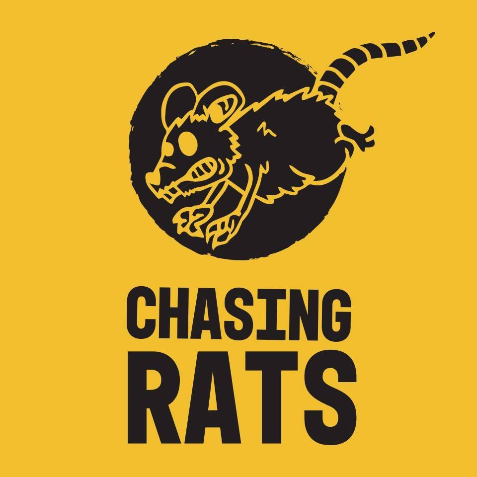 Black and yellow Logo of the video game developer Chasing Rat Games. It's a stylised black rat running through a black hole on a yellow background with the name beneath it