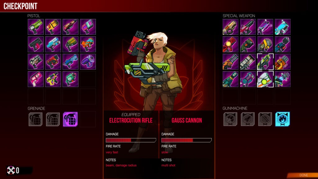 Weapon loadout screen for Wildcat Gun Machine, showing the main charactr flanked by a variety of high-tech but deadly weaponry and their stats.