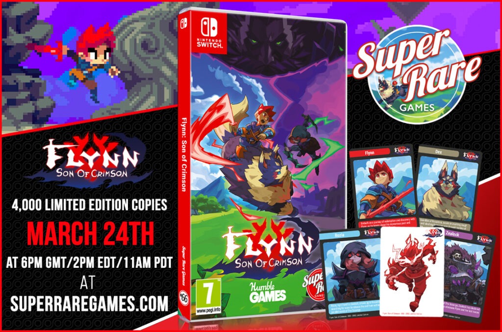 Ad showing physical box art of Flynn: Son of Crimson for Nintendo Switch, but featuring trading cards and super rare games sticker