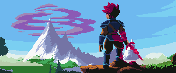 Pixel gif of Flynn looking at his destination from a cliff, looking pensive but battle ready