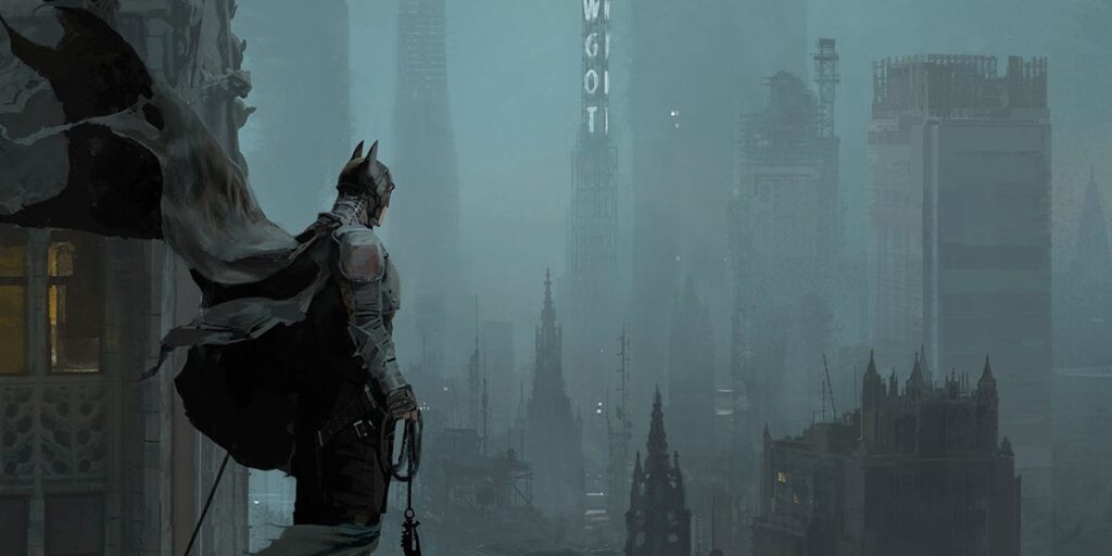 Concept art of Reeve's the batman, showing the caped crusader looming over Gotham City