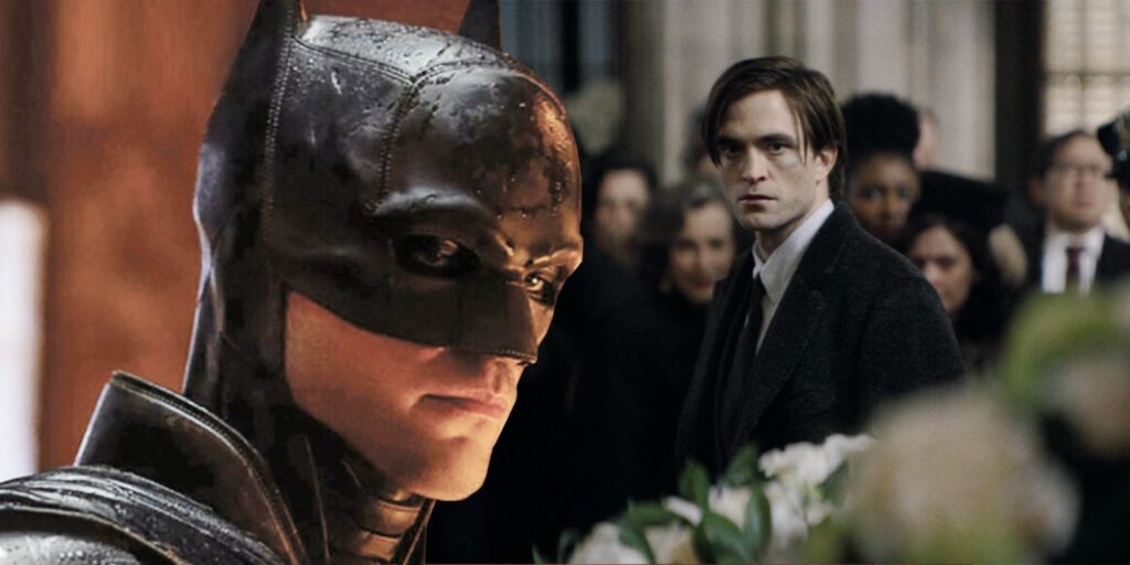 A picture showing Robert Patterson's interpretation of Batman and Bruce Wayne. Bruce is at a funeral, Batman is contemplative