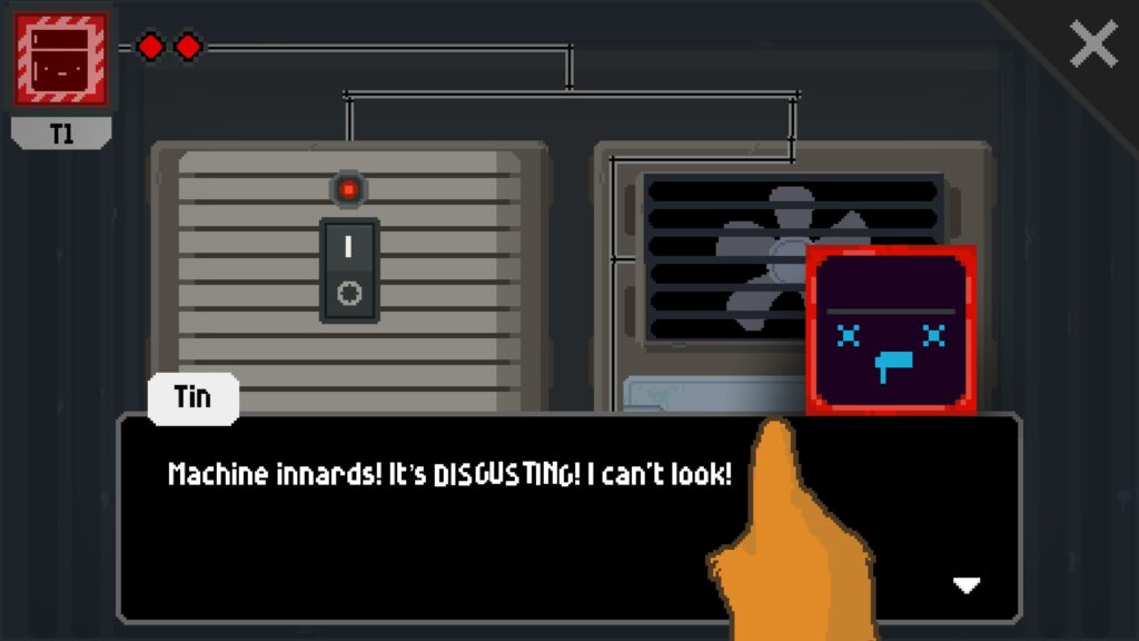 The mechanical innards of sentient fridge, Fridgebert. Fixfox Vix's hand is preparing to press something, but Tin the toolbag's queezy about seeing Fridgebert's gore.