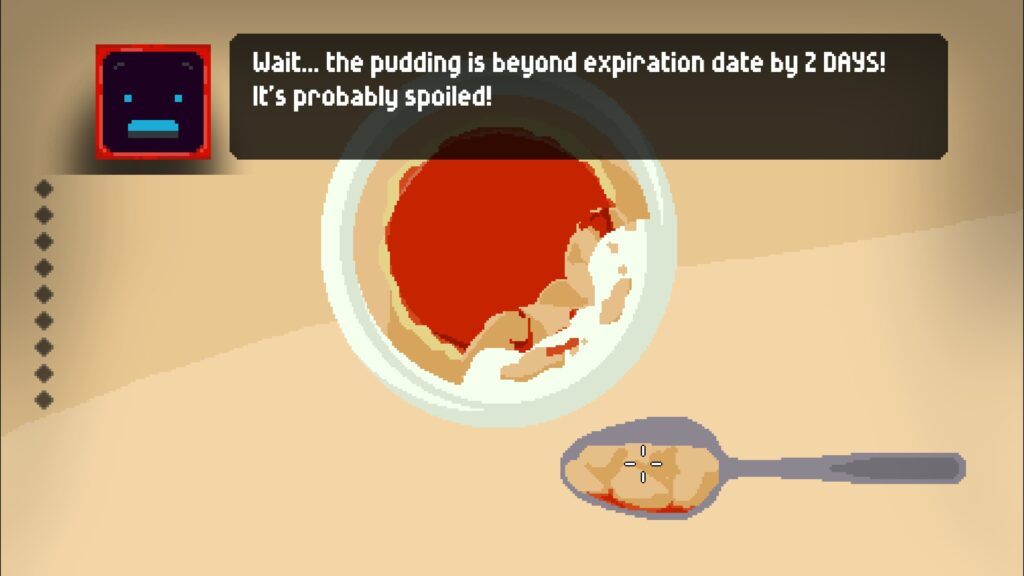 Pixel image of Vix eating pudding, featuring commentary by dependeble but anxious toolbag AI Tin