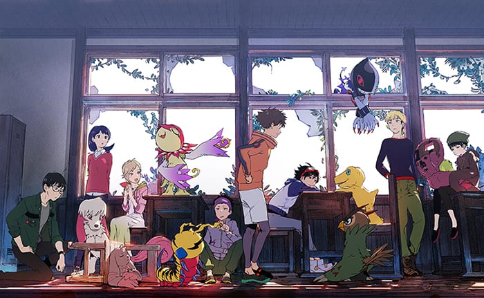 The main cast of Digimon Survive in a classroom. It's composed of youngsters and their digimon partners.