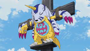 The rookie digimon Gabumon, crucified. His position evokes Christ-like imagery. 