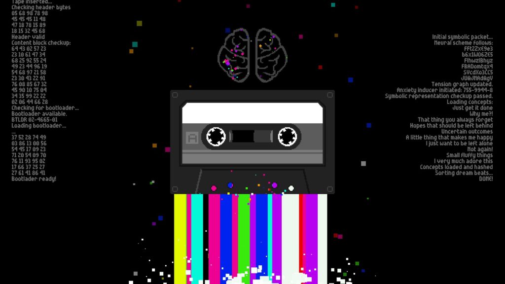 cool in game imagery of a cassette leaving a rainbow trail as it enters Vix's brain