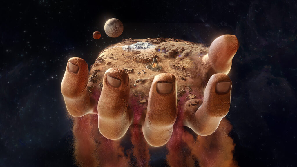 Art showing a hand in the cosmos. It's grasping a clump of sand representing Arrakis's territory and spice