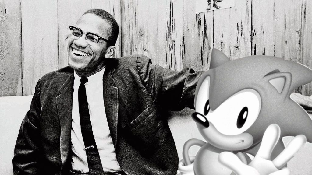 100% historically accurate blackand white photo of Malcolm X hanging out with fellow Black civil rights activist Sonic the Hedgehog. Twin pillars of human rights and captivating smiles. 
