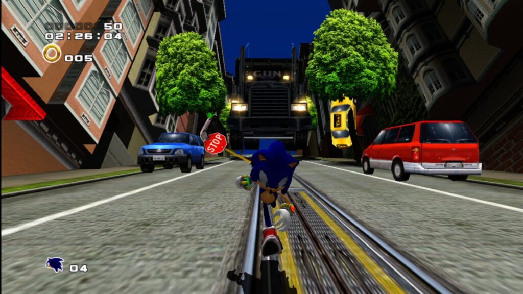 Sonic running from the large but fast GUN truck. The level is City Escape.