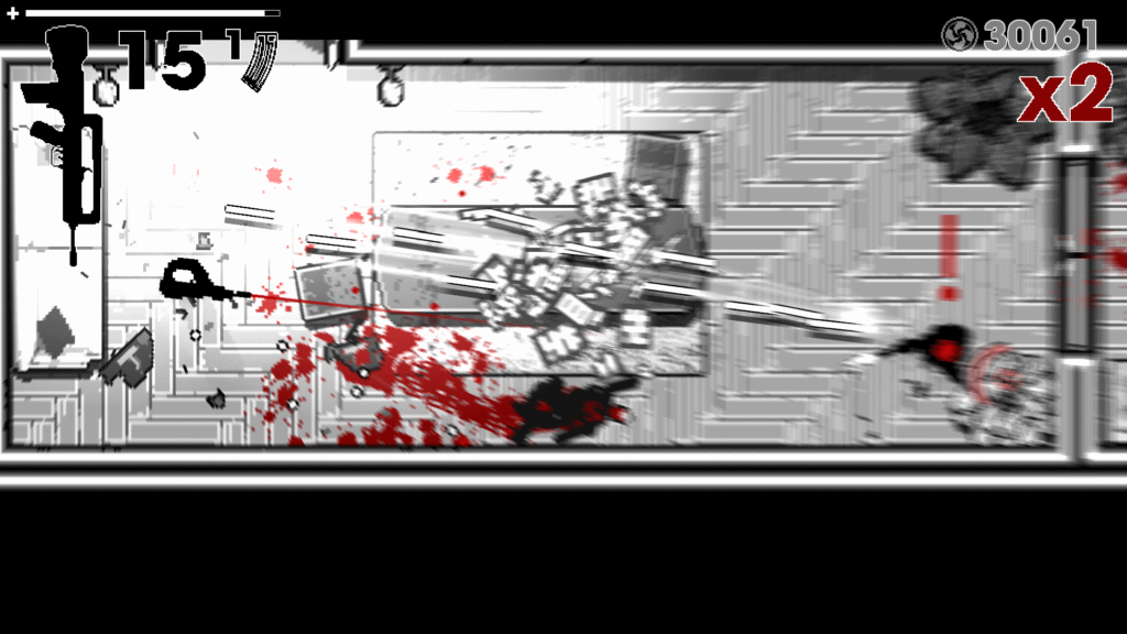 Blurry but kinetic still of a top-down gunfight