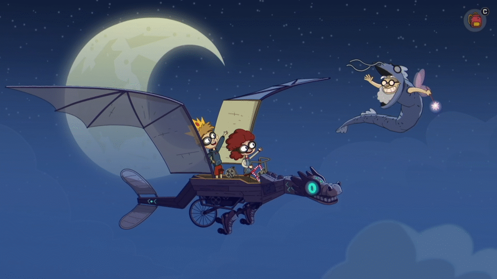 The MCs from Lost in Play ride a cool but rude dragon contraption. While waving at an old dude with glasses in a rude but cool fish costume