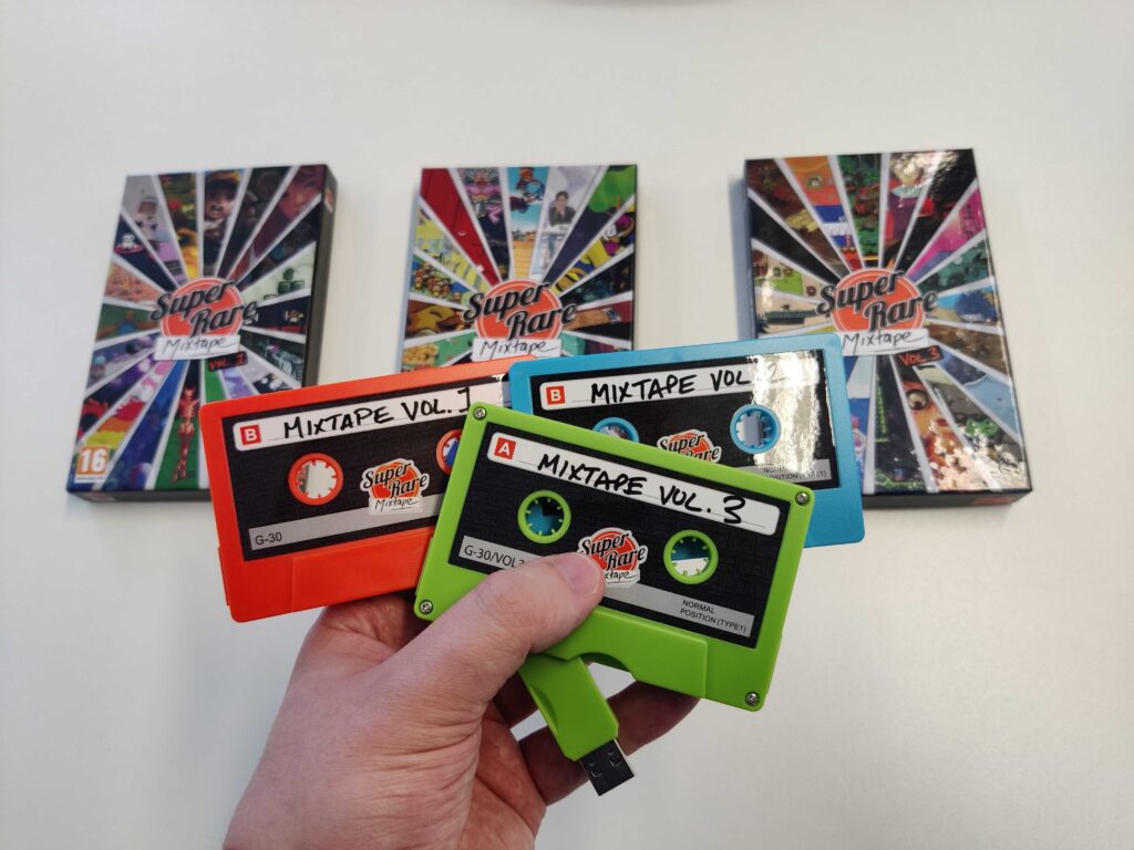 Red, green, and blue usbs corresponding to the three SRG mixtapes, curated but plentiful