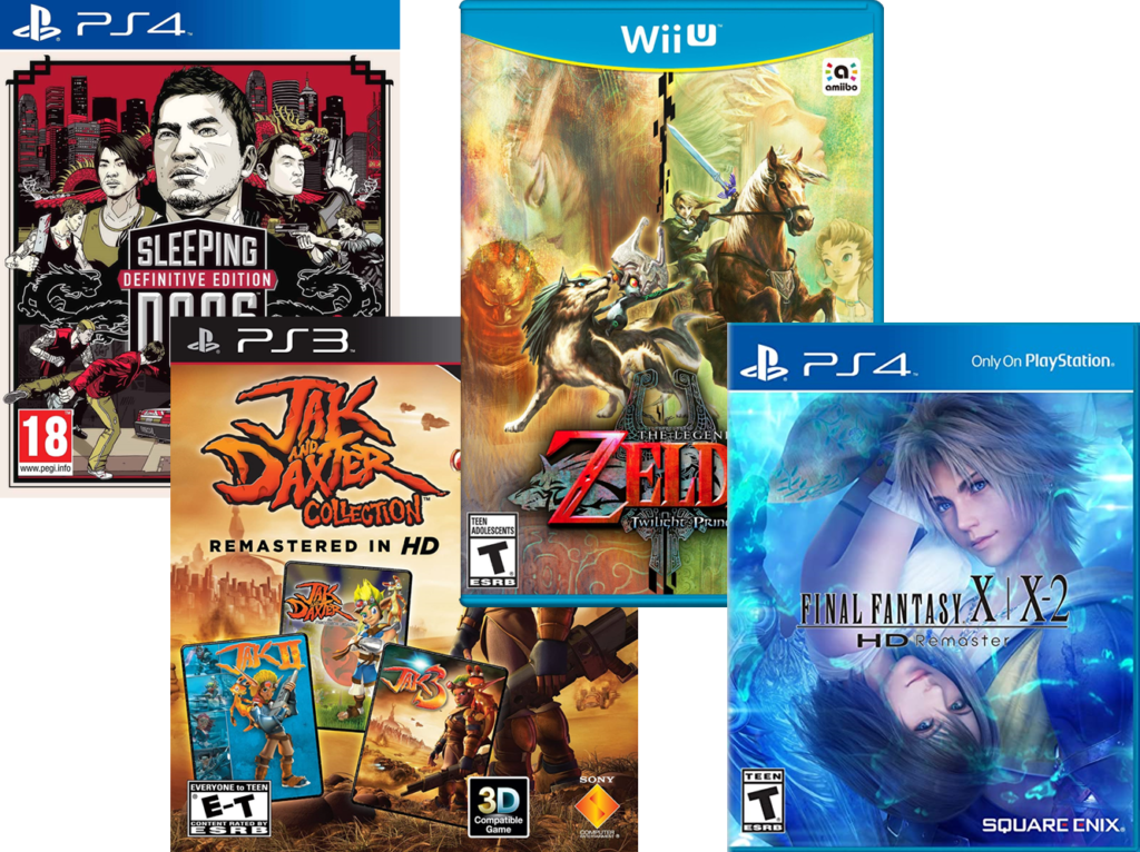 Box art for Sleeping Dogs Definitive Edition, The Legend of Zelda Twilight Princess HD, Jak and Daxter HD Collection and Final Fantasy X | X-2 HD Remaster