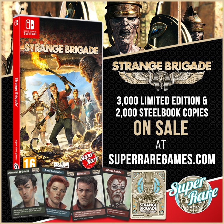 Strange Brigade Boxart featuring trading cards and super rare sticker. It's a vibrant red and black