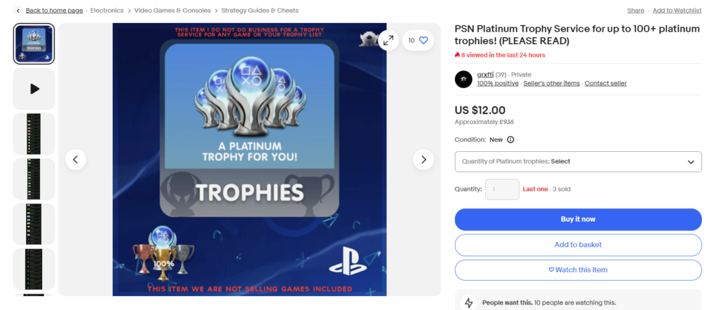 A Platinum trophy listing on ebay