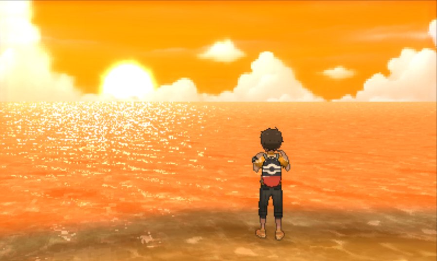 A screenshot of the ocean in Pokémon Sun and Moon. The orange glow gives a big summer feeling.