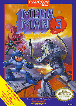 The game cover of 'Mega Man 3' for the NES