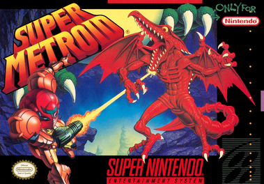 The game cover of 'Super Metroid' for the SNES