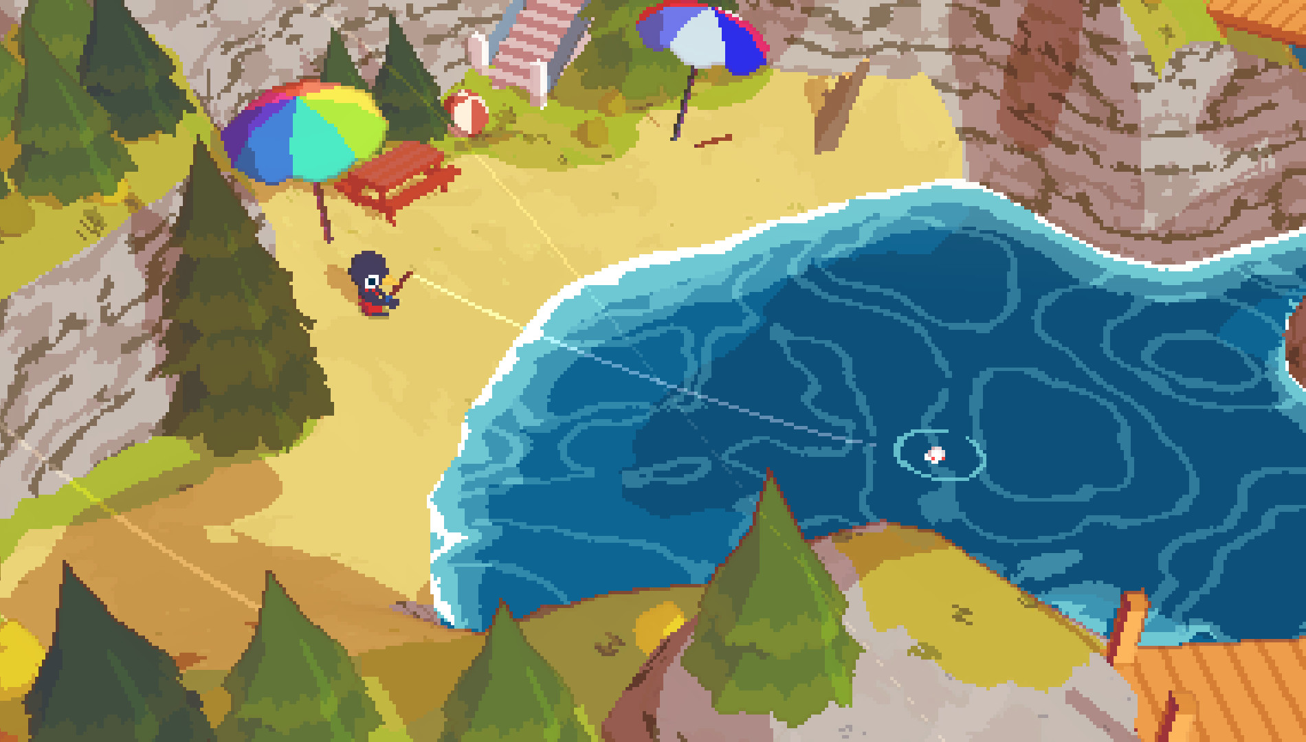 A screenshot of someone fishing on a beach in A Short Hike