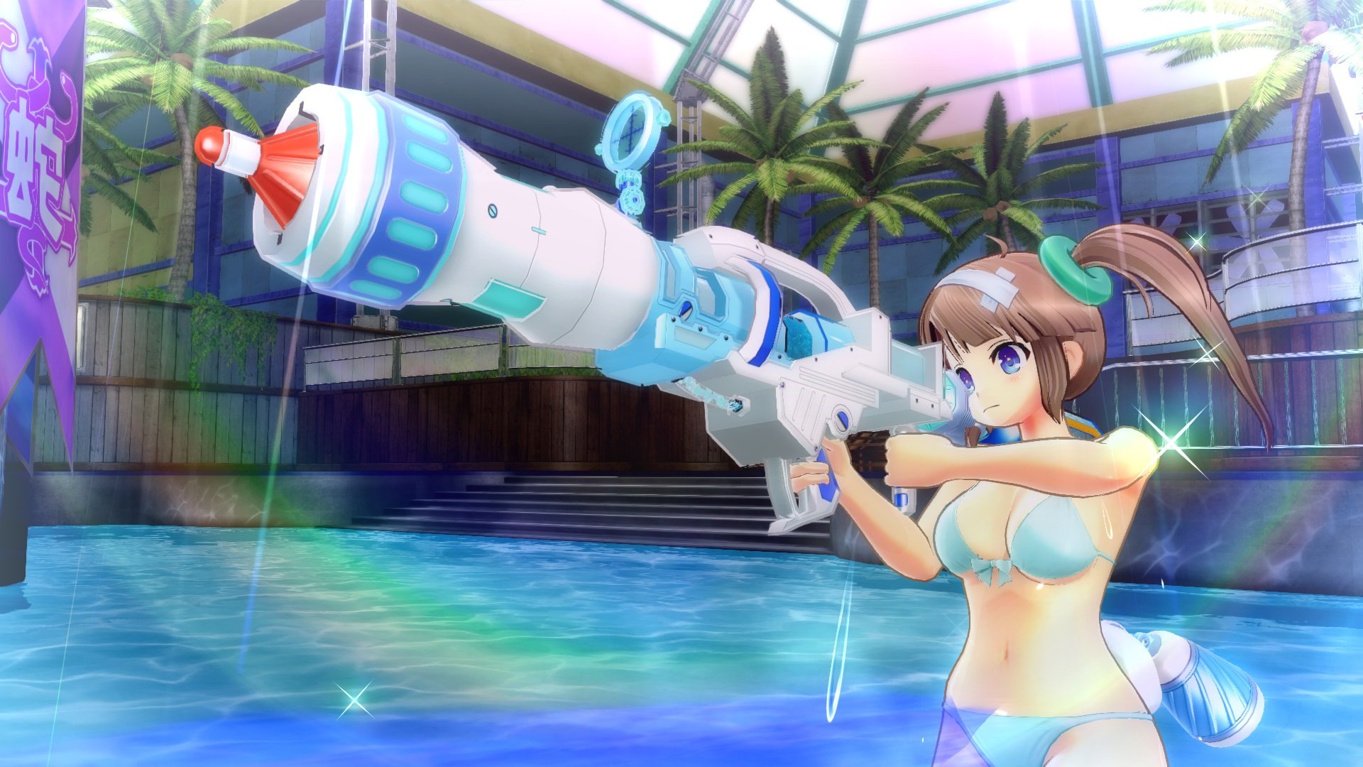 A girl with a large water gun in a swimming pool from Senran Kagura Peach Beach Splash