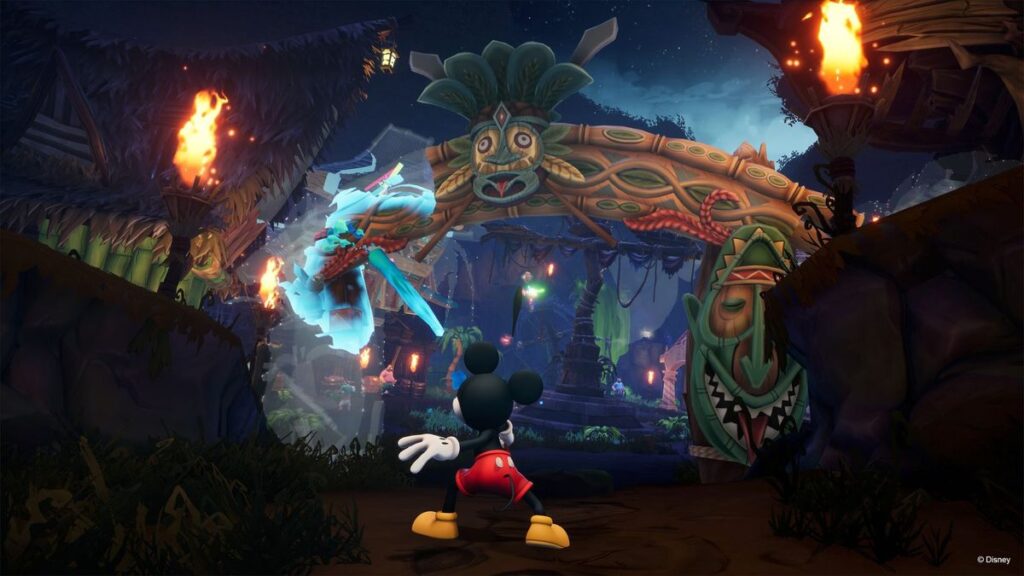 An image of Mickey painting a structure to restore it.