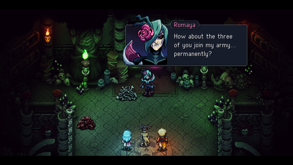 A scene from Sea of Stars. The spooky necromancer Romoya taunts the playable characters before battle
