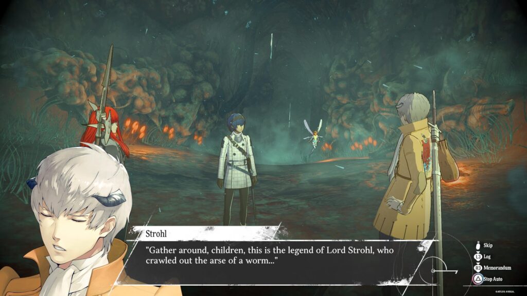 Screenshot of Strohl from Metaphor stating "Gather around, children, this is the legend of Lord Strohl, who crawled out the arse of a worm..."