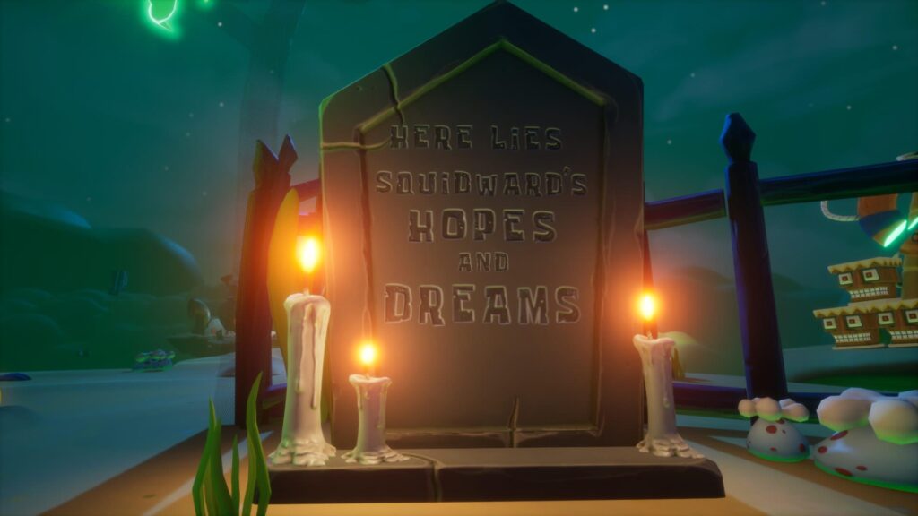Screenshot of Titans of the Tide of a grave with text that says "Here lies squidward's hopes and dreams"