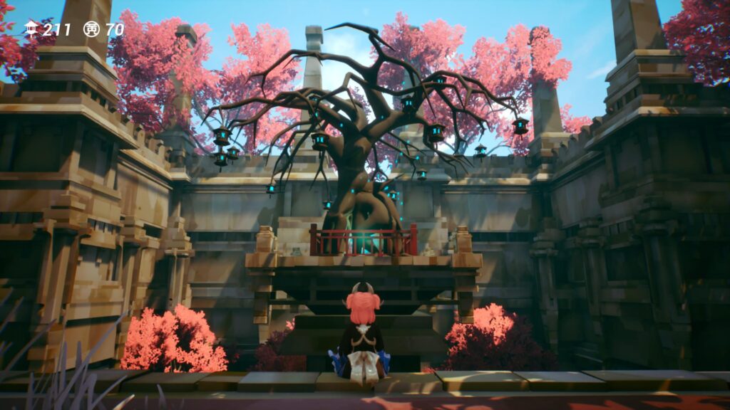 Screenshot of Tasomachi, the main character sitting in front of a cherry tree