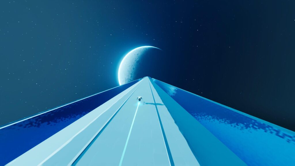 Screenshot of the main character of sword of the sea riding towards the moon