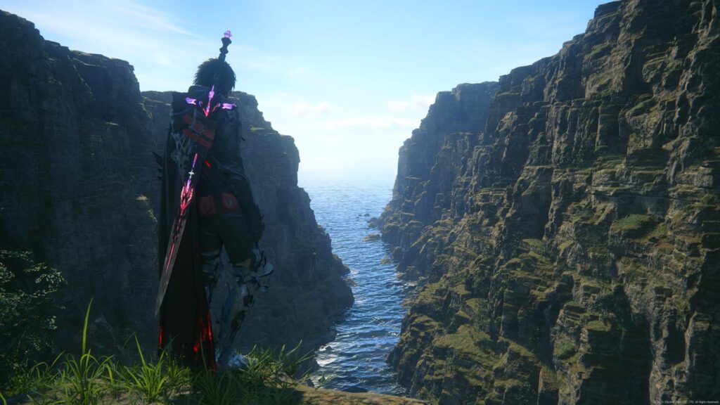 Screenshot of Clive looking over a river from Final Fantasy sixteen