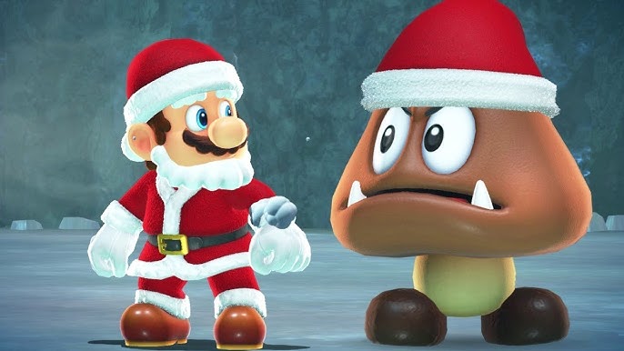 Screenshot of Mario dressed as Santa next to a goomba with a santa hat